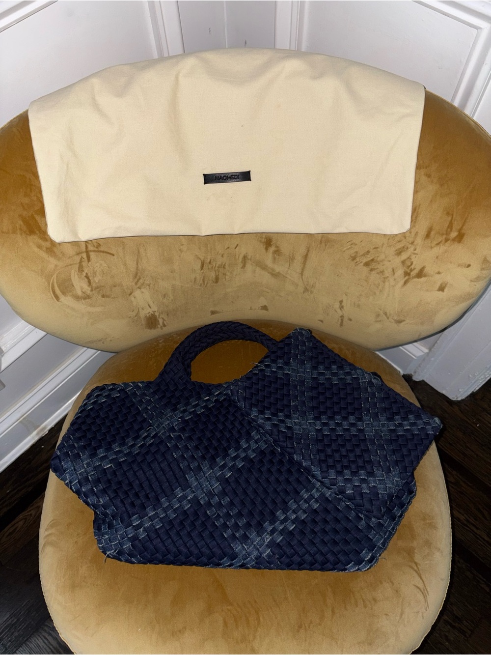 Naghedi Navy Woven Tote with Faded Plaid Detail - Picture 8 of 11
